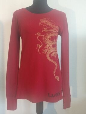 Lucky Brand Red Long-Sleeve Tee with Gold Dragon Graphic
